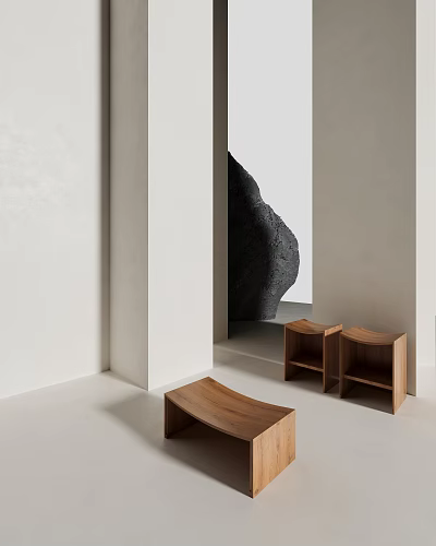Modern Minimalist Wooden Stools In White Interior Space With Black Decorative Rock 3d model