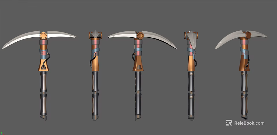 Various Scythe Designs With Decorative Handles And Metal Blades 3d model 