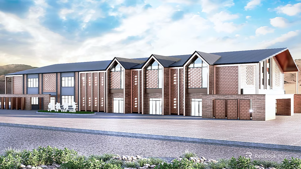 Modern Red Brick Building With Gabled Windows Multiple Units And Front Parking Area 3d model