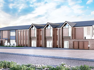 Modern Red Brick Building With Gabled Windows Multiple Units And Front Parking Area 3d model