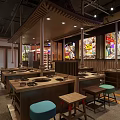 Traditional Chinese Hunan Restaurant Interior With Wooden Tables Colorful Stools And Red Decor Elements