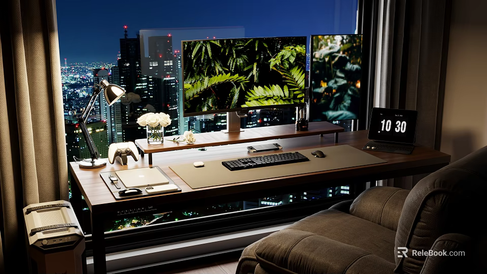 Modern Home Office With City View And Dual Monitors 3d model 