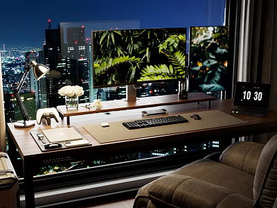 Modern Home Office With City View And Dual Monitors 3d model
