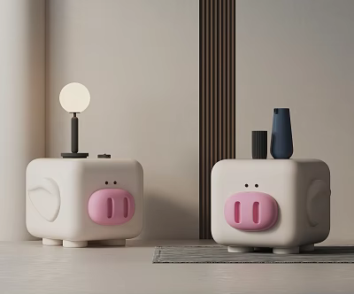 White Pig Shaped Nightstand With Pink Snout And Lamp Vase Decor 3d model