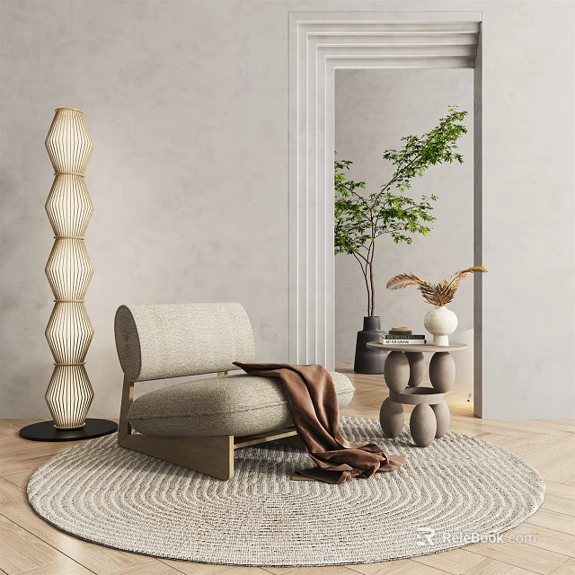 Modern Single Sofa With Beige Linen Fabric Brown Throw Blanket Wooden Side Table And Green Plant 3d model 
