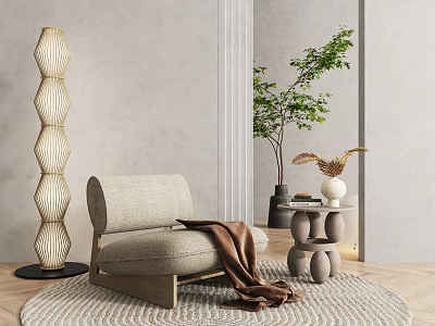 Modern Single Sofa With Beige Linen Fabric Brown Throw Blanket Wooden Side Table And Green Plant 3d model