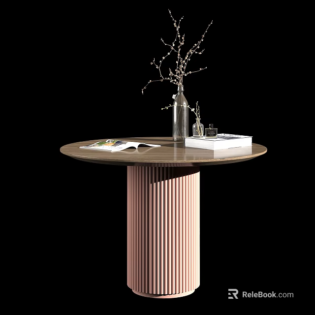 Modern Round Table With Marble Tabletop Fluted Pedestal Vase Twig Decoration And Books 3d model 