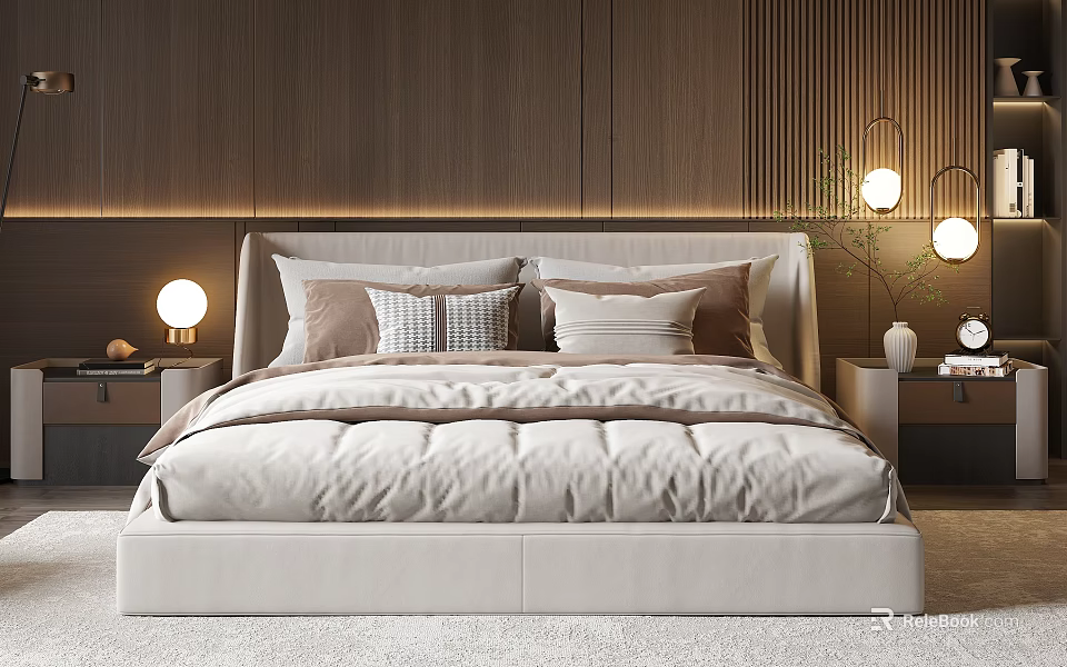 Modern Double Bed With Wooden Background Beige Pillows Cozy Bedspread And Nightstand Lamps 3d model 