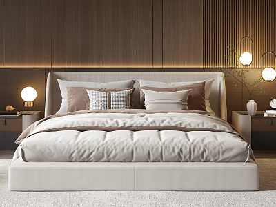Modern Double Bed With Wooden Background Beige Pillows Cozy Bedspread And Nightstand Lamps 3d model