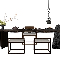 New Chinese Tea Table and Chair Combination Stone Tea Table Old Wood Board Tea Set Floriculture Leisure Chair 3d model