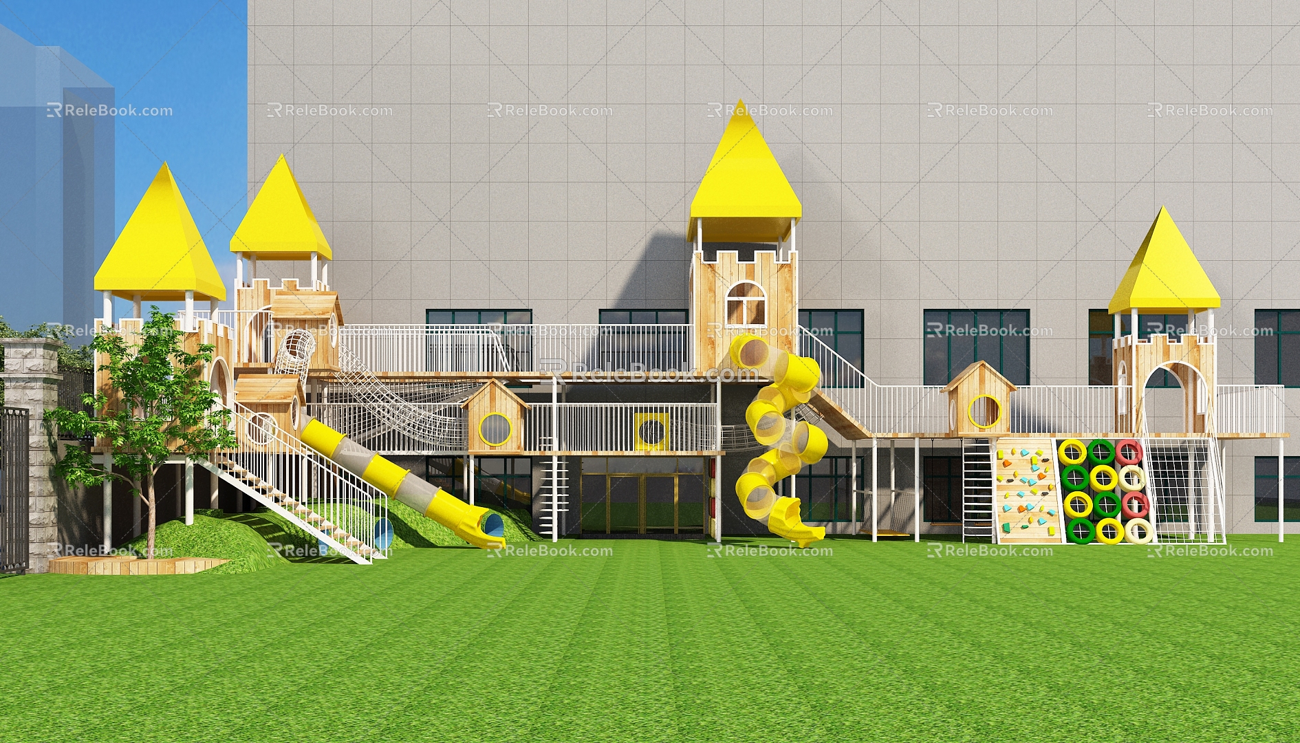 Kindergarten Outdoor Toy Wooden Toy School Corridor Slide Playground Climbing Drill Climbing Cage Castle Fence 3d model