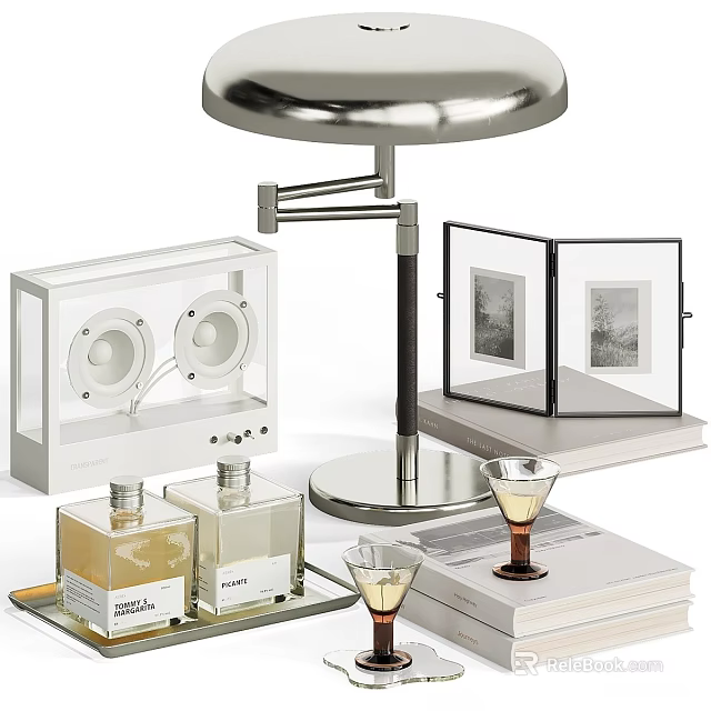 Decorative Ornament Set with Table Lamp Speaker Photo Frame Perfume Bottles Wine Glasses and Books 3d model 