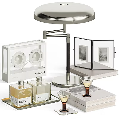 Decorative Ornament Set with Table Lamp Speaker Photo Frame Perfume Bottles Wine Glasses and Books 3d model