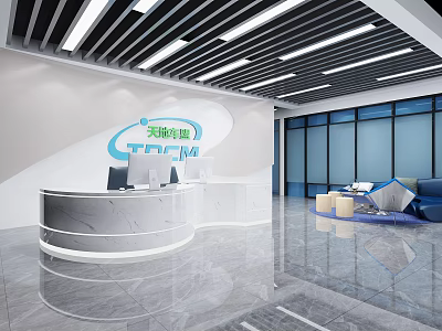 Modern Front Desk Reception With Curved Marble Counter Company Logo Glass Partitions And Blue Sofa 3d model