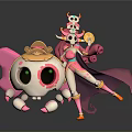 Game Movie Character Design Featuring Pink Skull and Female in Pink Outfit with Golden Item