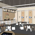 Modern School Classroom Interior With Tables Chairs Whiteboard Large Windows Bookshelves And Wall Art
