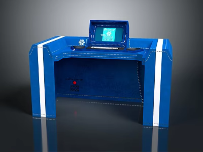 Blue Desk With White Stripes Featuring Open Laptop And Snowflake Decoration 3d model