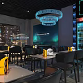 Modern Bar Interior With Bar Counter Bottle Shelves Circular Moon Lamp And Neon Lights
