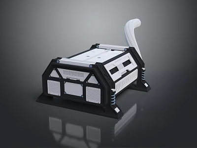 Black and White Mechanical Device with Curved White Component and Structured Base Panels 3d model
