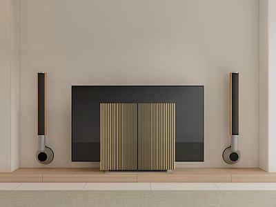 Modern TV Setup With Large Screen Tall Speakers Wooden Striped Panel And Light Wall 3d model