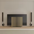 Modern TV Setup With Large Screen Tall Speakers Wooden Striped Panel And Light Wall