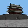 Ancient Chinese Architecture Multistory Tower With Green Roof Red Pillars Stone Base And Arch Doorway