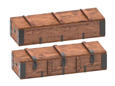 Two Vintage Wooden Storage Boxes With Metal Straps And Reinforced Corners 3d model
