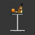 Red Tabletop Display With Canister Bottle Pear Orange Bread And Tennis Ball