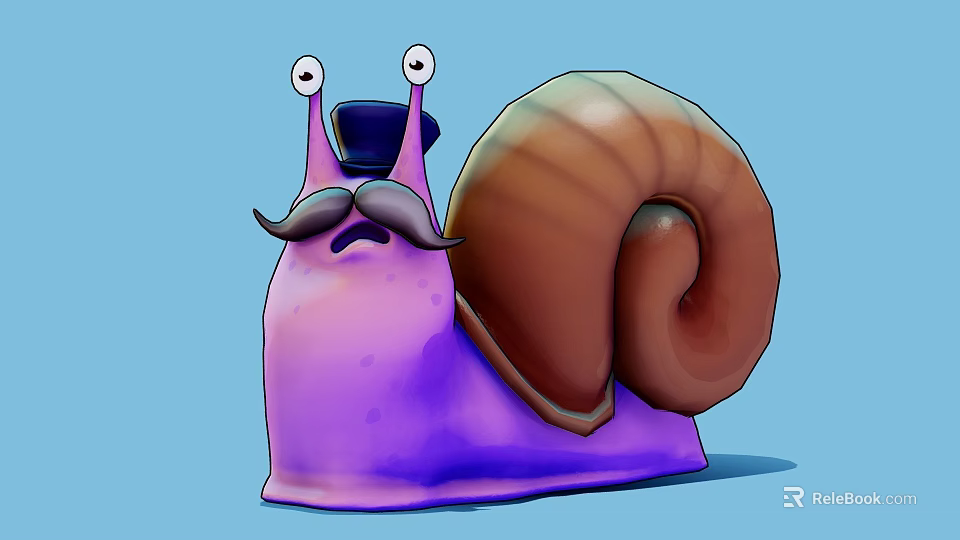 Cute Cartoon Snail With Big Eyes Purple Body Brown Shell Blue Hat And Black Mustache 3d model 