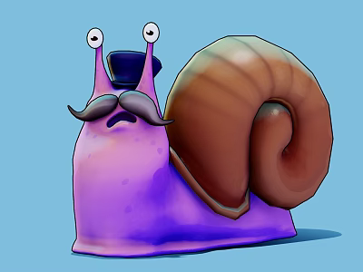 Cute Cartoon Snail With Big Eyes Purple Body Brown Shell Blue Hat And Black Mustache 3d model