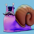 Cute Cartoon Snail With Big Eyes Purple Body Brown Shell Blue Hat And Black Mustache