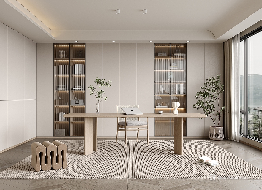 Modern Study Room Interior With Wooden Table Chair And Glass Bookcases 3d model 