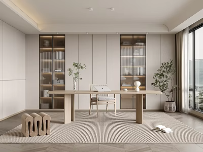 Modern Study Room Interior With Wooden Table Chair And Glass Bookcases 3d model