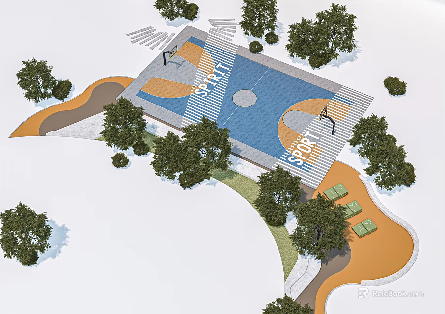 Outdoor Basketball Court Surrounded by Trees and Green Areas with Pathways and Rest Zones 3d model 