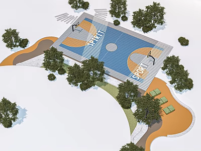 Outdoor Basketball Court Surrounded by Trees and Green Areas with Pathways and Rest Zones 3d model