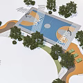 Outdoor Basketball Court Surrounded by Trees and Green Areas with Pathways and Rest Zones