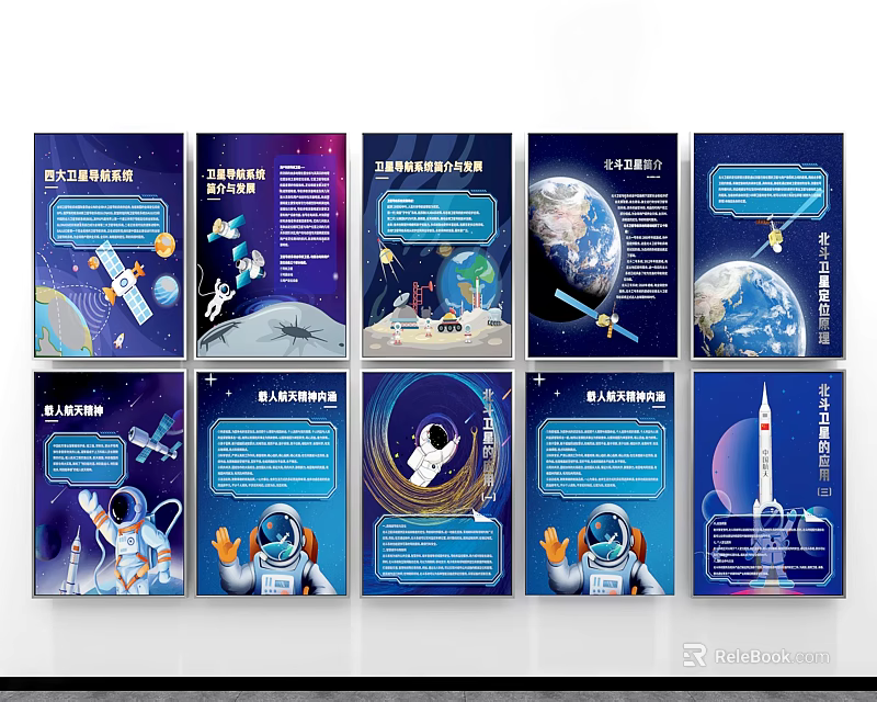 Space Theme Activity Display Wall With Astronauts Rockets Earth And Satellites 3d model 