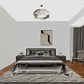 Modern Bedroom Interior With Cozy Bed Wooden Floor Large Window Curtains And Round Ceiling Light