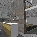 Public Office Space With Wooden Desks Computers Bookshelves Hanging Lights And Open Layout