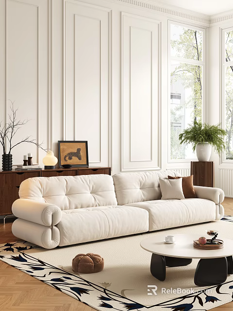 White Soft Two-Seater Sofa in Bright Living Room with Paneled Walls Wooden Cabinet and Plants 3d model 