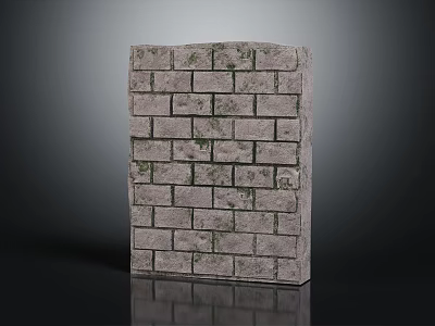 Gray Brick Wall with Green Moss Rough Texture and Neatly Arranged Bricks on Dark Reflective Surface 3d model
