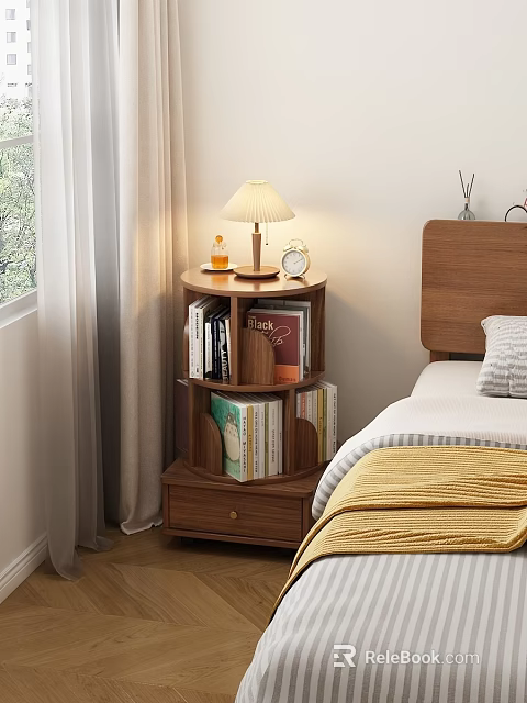 Wooden Tiered Bedside Table With Lamp Alarm Clock Books In Cozy Bedroom Interior 3d model 