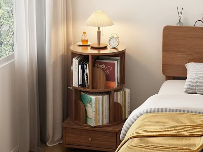 Wooden Tiered Bedside Table With Lamp Alarm Clock Books In Cozy Bedroom Interior 3d model