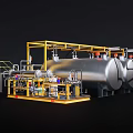 Industrial Equipment Featuring Yellow Metal Framework Large Storage Tanks And Piping