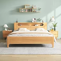 Wooden Minimalist Natural Double Bed Bedroom Interior With Nightstand Shelf Green Curtains And Sunlight