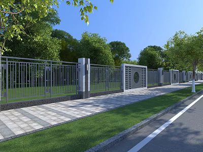 Modern Metal Fence Exterior With Intricate Design Pillars Circular Motifs Green Lawn And Trees 3d model