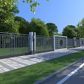 Modern Metal Fence Exterior With Intricate Design Pillars Circular Motifs Green Lawn And Trees