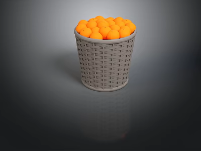 Grey Woven Basket Filled With Round Orange Decorative Balls On Dark Surface 3d model