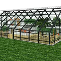 Greenhouse Design With Glass Grid Roof Gray Walls Wooden Doors And Grass