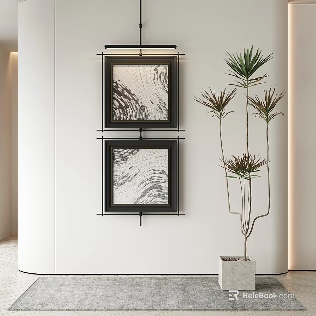 Tall Potted Plant In White Pot With Black White Decorative Paintings Against Curved White Wall 3d model 